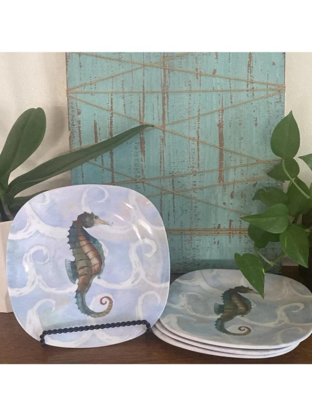 Sea Creatures On Waves by Elizabeth Medley Seahorse Beachy Melamine Salad Plates